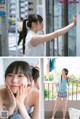 A collage of photos of a young woman leaning against a window.