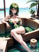 A woman in a green bathing suit sitting in a hot tub.